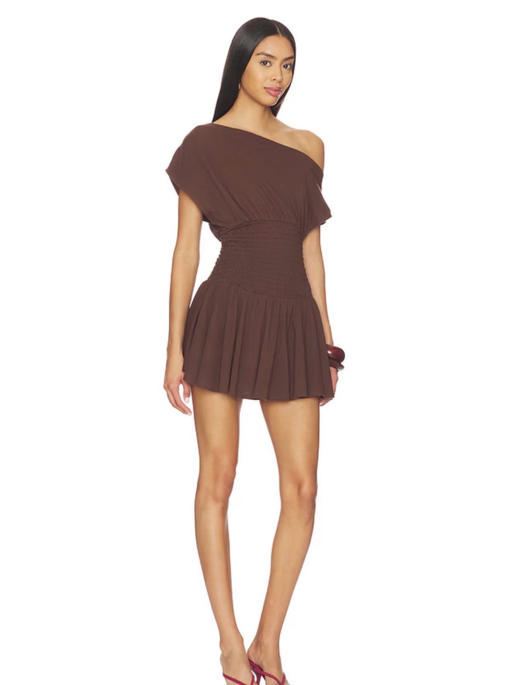 One-Shoulder Brown Smocked-Waist Mini Dress - Picture 2 of 3